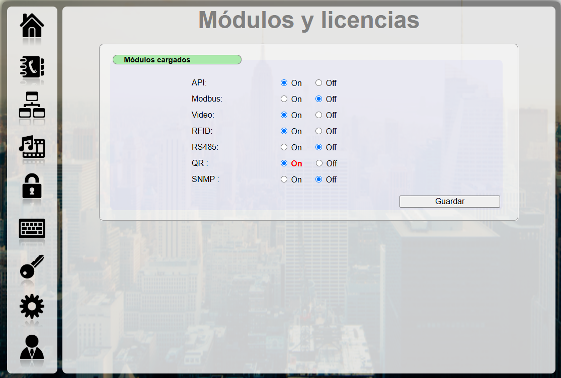 Pantalla de módulos y licencias