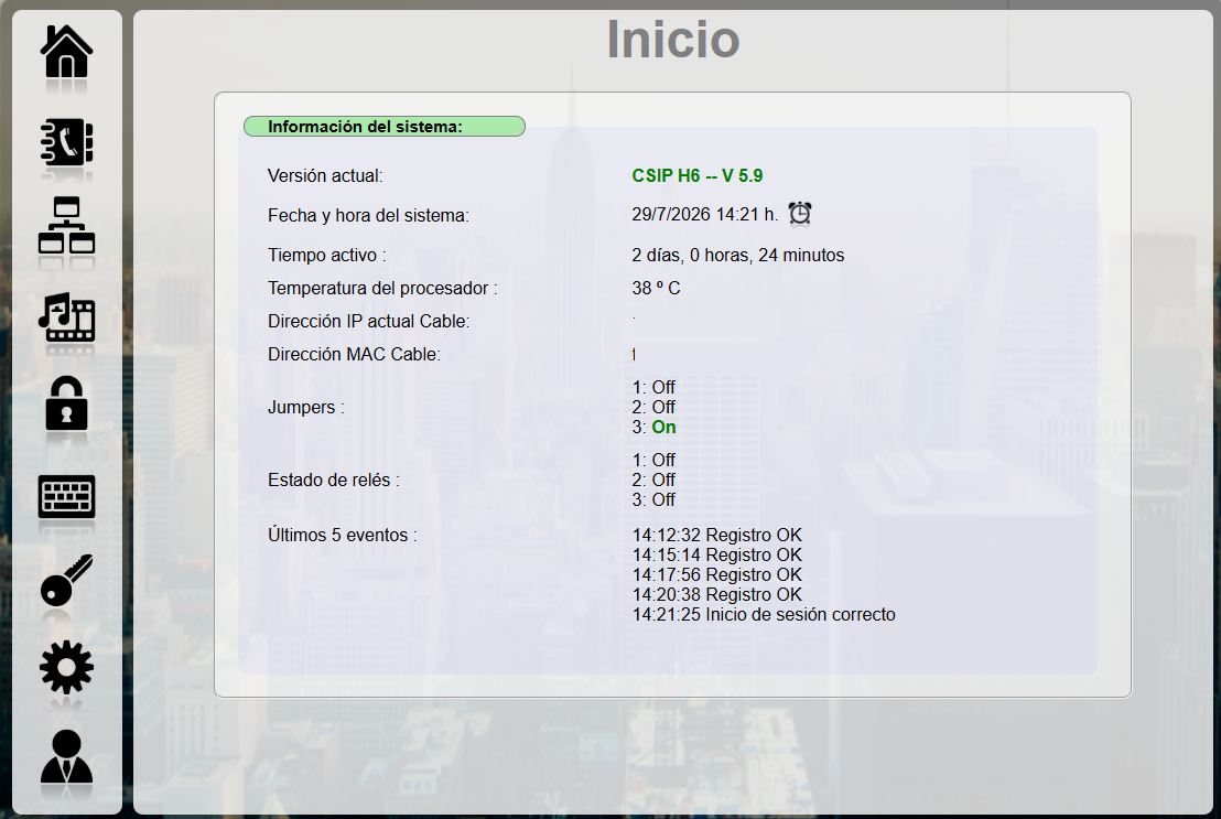 Pantalla Inicio de la interfaz web PANPHONE IP CSIP V6