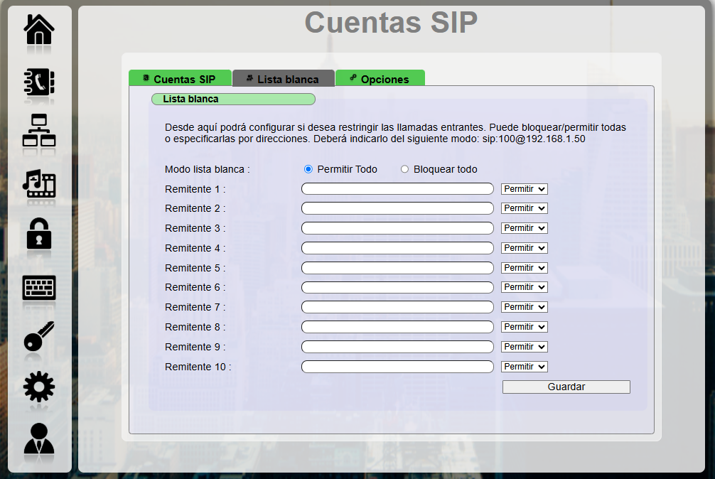 Lista blanca de llamadas SIP